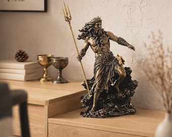 Poseidon Statue Bronze Finish | Griechischer Gott Skulptur mit Dreizack | Mythologie Wohnkultur