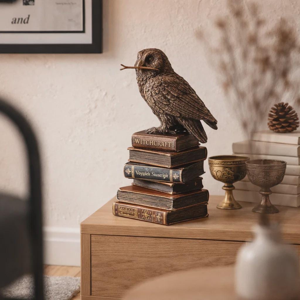 Mystical Owl on Books Statue with Wand – Antique Bronze Witchcraft Scholar Sculpture Tabletop