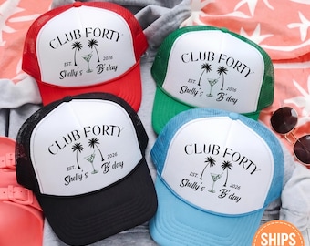 Custom Birthday Hat, Personalized Beach Trip Cap, Tropical Girls Weekend Mesh Hat, Milestone Birthday Souvenir