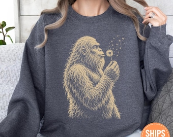 Funny Bigfoot Sweatshirt, Sasquatch Dandelion Hoodie, Vintage Cryptid Crewneck, Nature Lover Sweater