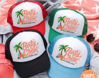 Custom Party Crew Hat, Personalized Tropical Group Vacation Cap, Beach Trip Mesh Hat, Island Getaway Souvenir