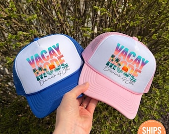 Custom Vacay Mode Trucker Hat, Personalized Beach Sunset Cap, Tropical Vacation Mesh Hat