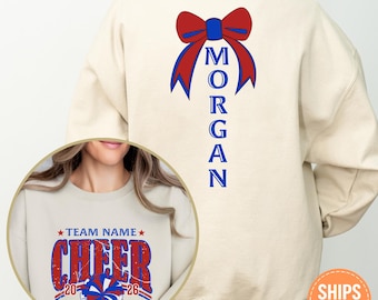 Custom Cheer Sweatshirt, Personalized Pom Sweater, Bow Hoodie, Spirit Team Gift