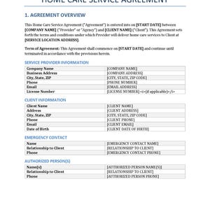 May include: A Home Care Service Agreement document with headings and fillable fields for company, client, and emergency contact information. The document includes sections for agreement overview, service provider, and client details.