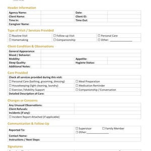 Può includere: Un modulo di nota di avanzamento del cliente con sezioni per le informazioni sull'agenzia e sul cliente, il tipo di visita, le condizioni del cliente, l'assistenza fornita, i cambiamenti, la comunicazione e le firme. Il modulo è per la documentazione non medica.
