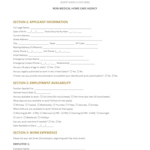 May include: A white caregiver employment application form with black text. The form includes sections for applicant information, employment availability, and work experience. The form has a header that reads "CAREGIVER EMPLOYMENT APPLICATION".