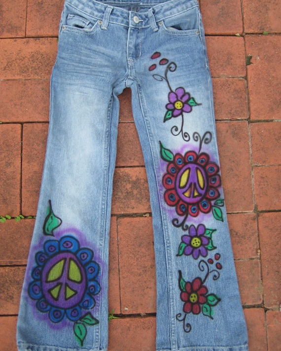 Items similar to Hand Painted Custom Peace Jeans for Women & Girls ...