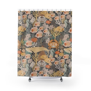 May include: A shower curtain with a repeating pattern of marine life. The design features fish, crabs, seahorses, and coral in shades of orange, yellow, and beige against a dark gray background.