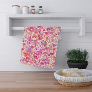 Watercolor Pinks Floral Tea Towel: Vibrant Cotton Dish Towel | Hand Painted Design | Tea Towel with Flowers | Flowers Hand Towel Gift
