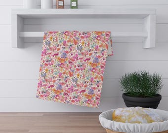 Floral Cotton Tea Towel: Original Art, Bright Kitchen Decor