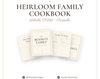 Family Cookbook Template, Fillable PDF, Heirloom Recipe Journal, Printable, Editable, Instant Download