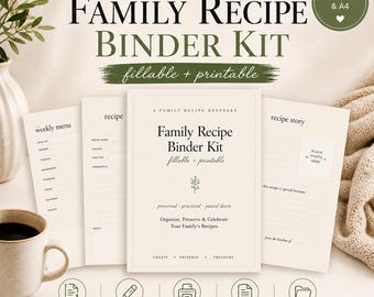 Family Recipe Binder Kit, Printable and Fillable Cookbook PDF, Editable Recipe Organizer, Recipe Cards and Dividers, Bridal Shower Gift