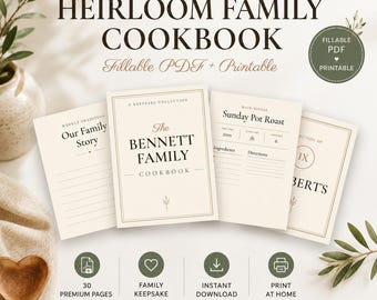 Family Cookbook Template, Fillable PDF, Heirloom Recipe Journal, Printable, Editable, Instant Download