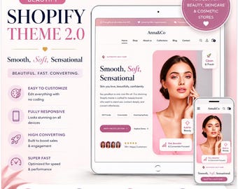 Shopify Theme Template Beauty - Aesthetic Shopify 2.0 - Pink Skincare Cosmetics Website - Luxe Beauty Store Design - Canva Banners BT01