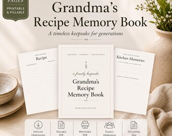 Grandma's Recipe Book Printable & Fillable PDF, Heirloom Family Cookbook Journal to Write In, Keepsake Recipe Organizer, Gift for Mom
