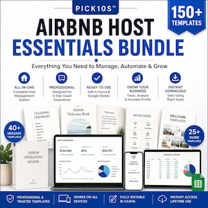 Könnte beinhalten: Ein digitales Bündel von Airbnb-Gastgebervorlagen mit einem Laptop, der ein Dashboard anzeigt, einem Smartphone mit WLAN-Details, einem Tablet mit Geschäfts-Tracker sowie gedruckten Dokumenten wie Checklisten und Handbüchern.
