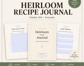 Family Recipe Book Template, Editable Fillable PDF Cookbook, Heirloom Recipe Journal Printable, Gift for Mom Grandma, Instant Download
