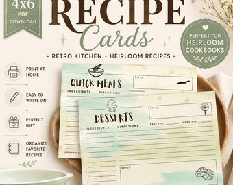 Vintage Pyrex Inspired Recipe Cards: Retro Kitchen, Heirloom Cookbook (Printable 4x6, PDF Download)