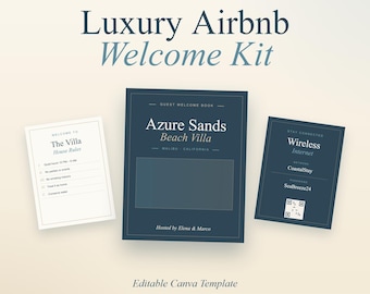 Luxus Airbnb Willkommen Buch Vorlage | Bearbeitbares Canva & PPTX Airbnb Host Bundle | Strandhaus-Mietführer | 25+ Seiten Sofortdownload