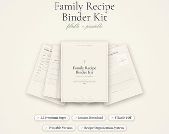Familienrezept-Binder-Kit, druckbares und ausfüllbares Kochbuch PDF, bearbeitbarer Rezept-Organizer, Rezeptkarten und Teiler, Brautduschengeschenk