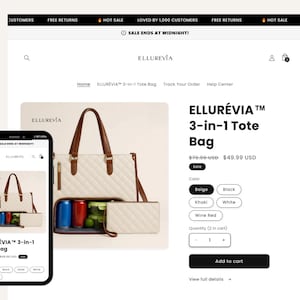 Könnte beinhalten: Eine weiße, gesteppte Tragetasche mit braunen Griffen und Akzenten, die auf einer Website und einem Mobiltelefon abgebildet ist. Die Tasche wird als 3-in-1-Tragetasche bezeichnet.