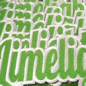 Puede incluir: Una colecci&oacute;n de parches bordados en verde y blanco con la palabra "Limelight". Los parches tienen un borde blanco y un interior verde texturizado. Los parches est&aacute;n dispersos sobre una superficie verde.