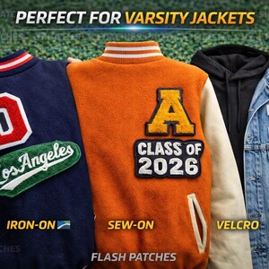 Puede incluir: Imagen de chaquetas universitarias con parches. Una chaqueta azul marino con un parche rojo y blanco, una chaqueta naranja con un parche amarillo y negro y una chaqueta vaquera con un parche rojo. Los parches tienen las letras "D" y "A" y el texto "Los Angeles" y "Class of 2026".