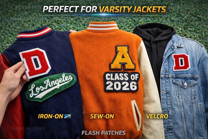 Puede incluir: Imagen de chaquetas universitarias con parches. Una chaqueta azul marino con un parche rojo y blanco, una chaqueta naranja con un parche amarillo y negro y una chaqueta vaquera con un parche rojo. Los parches tienen las letras "D" y "A" y el texto "Los Angeles" y "Class of 2026".