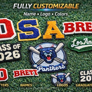 Op de afbeelding: Een verzameling aanpasbare patches in verschillende kleuren en ontwerpen. Inclusief patches met letters, namen, logo's en afstudeerjaren. De patches bevatten tekst zoals "BRETT", "Los Angeles" en "CLASS OF 2026".