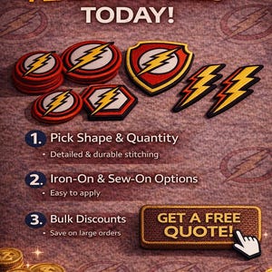 May include: An advertisement for Flash patches. The image displays various patch designs, including circular, shield, and lightning bolt shapes, in red, yellow, and black. Text reads "Order Your Flash Patches Today!" and details about shape, iron-on options, and bulk discounts.