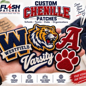 May include: A collection of custom chenille patches featuring a navy and gold letter W with Westfield text, a tiger head, a red letter A, a red paw print, and a script Varsity patch. The patches have a textured, fuzzy surface and bold colors.