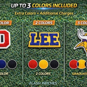 Puede incluir: Imagen que muestra parches personalizados con opciones de 1, 2 o 3 colores. Los ejemplos incluyen una letra "D" roja y blanca, un dise&ntilde;o "LEE" azul y amarillo y una cabeza de vikingo. Se muestra el texto "Up to 3 Colors Included".