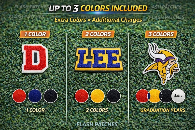 Puede incluir: Imagen que muestra parches personalizados con opciones de 1, 2 o 3 colores. Los ejemplos incluyen una letra "D" roja y blanca, un dise&ntilde;o "LEE" azul y amarillo y una cabeza de vikingo. Se muestra el texto "Up to 3 Colors Included".