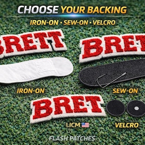 Puede incluir: La imagen muestra parches de nombre personalizados con el nombre "BRETT" en letras rojas con borde blanco. Las opciones incluyen planchar, coser y velcro. El texto "CHOOSE YOUR BACKING" est&aacute; en la parte superior, con "FLASH PATCHES" en la parte inferior.