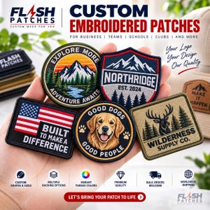 Puede incluir: Cinco parches bordados personalizados con varios diseños: un paisaje de montaña con texto, un escudo con texto, una bandera estadounidense con texto, un retrato de un golden retriever con texto y un ciervo con el texto Wilderness Supply Co.