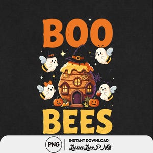 May include: A graphic design on a black background featuring the text BOO BEES in orange. The center shows a wooden beehive house with a witch hat on top, surrounded by four white ghost bees, two orange pumpkins, and small yellow stars.