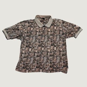 Vintage 80s Nike Golf Polo Abstract Print Shirt Mens Tan Brown Short Sleeve XL