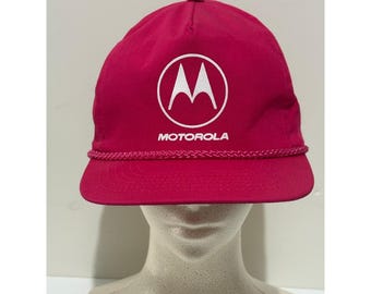 Vintage 80s Motorola Hat Cap Red Adjustable Snapback Logo Rope Accent - Used