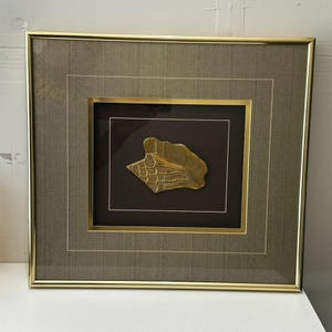 May include: Framed artwork featuring a gold-colored, textured seashell design on a black background. The artwork is encased in a gold frame with a gray matting, creating a layered effect. The piece is a decorative item.