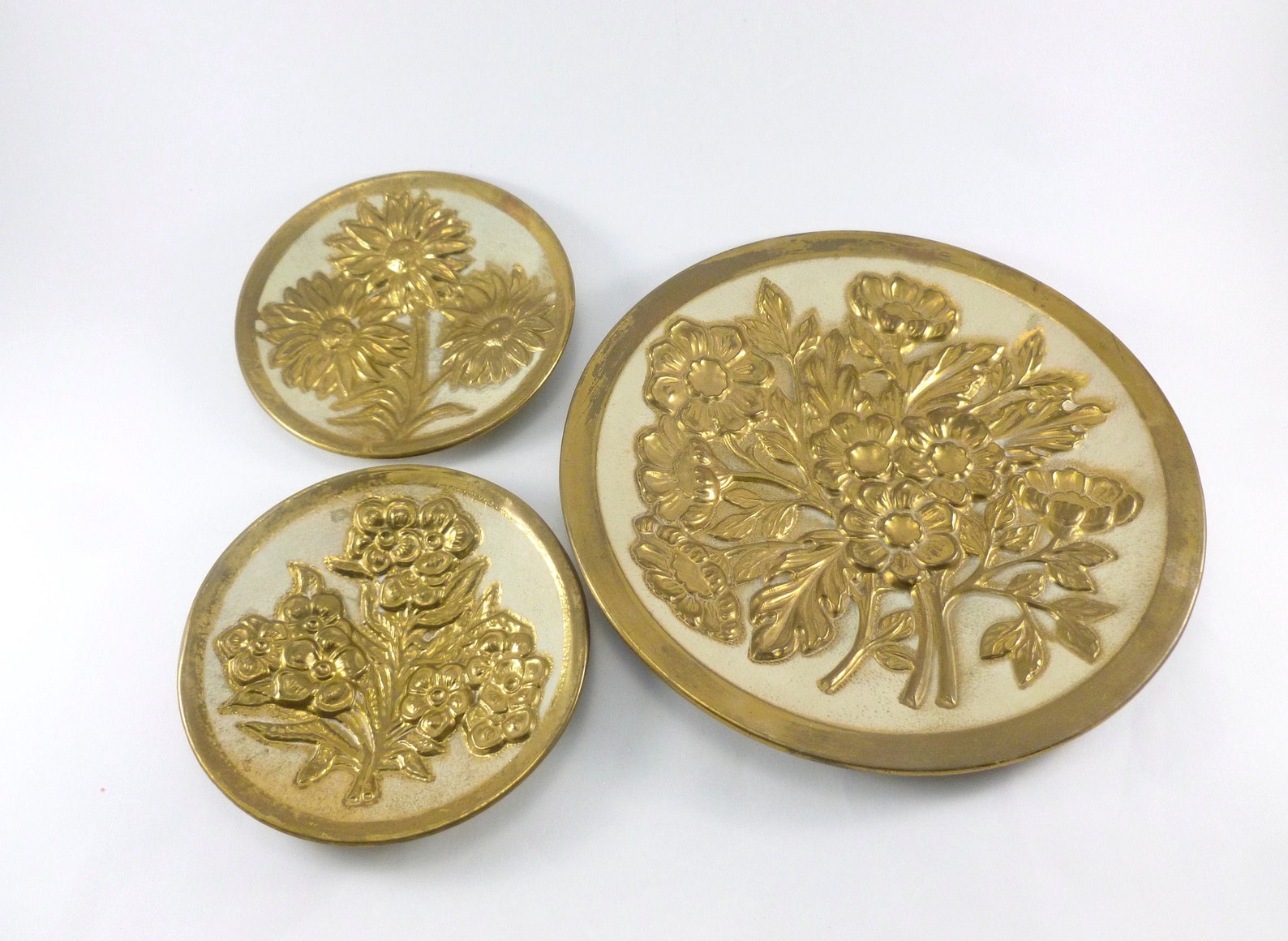 Floral Embossed Brass Plates Wall Hangings Set of 3 Made in Etsy