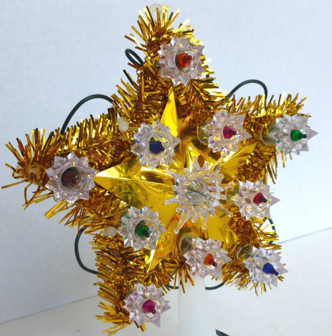 Christmas Tree Star Blinking Lights Gold Tinsel Multi Color Etsy