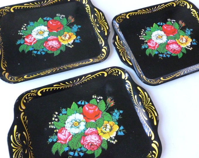 Black Floral Metal Snack Trays or Tip Trays Lot Roses and Etsy