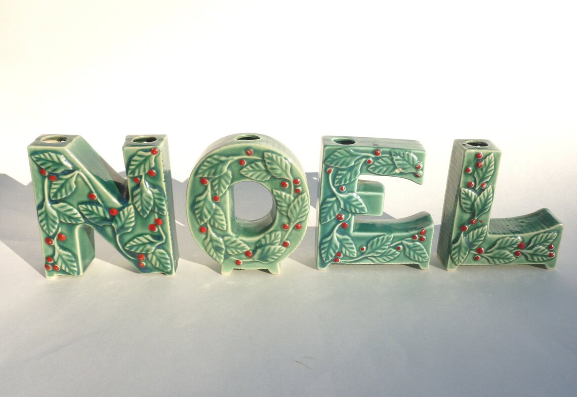 NOEL Christmas Candle Holders Ceramic Letters Holly Leaves and Etsy