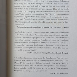 May include: A page from a book featuring text about the Black Panther Party. The text includes quotes from Curtis Austin, Larry Gossett, and Dave Zirin, discussing the book "My People Are Rising" by Aaron Dixon.