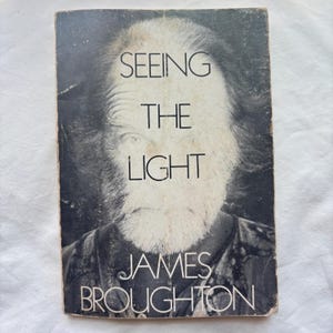 May include: A rectangular book titled Seeing the Light by James Broughton. The cover features a high-contrast black and white portrait of a bearded person with the title text in a clean, sans-serif font centered over the face and the author name below.