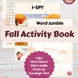 Könnte beinhalten: Ein Herbst-Aktivitätsbuch mit Spielen wie Wortsuche, I-Spy und Wortsalat. Auf dem Cover steht "Fall Activity Book". Sofortiger Download verfügbar. Das Design beinhaltet herbstliche Illustrationen.