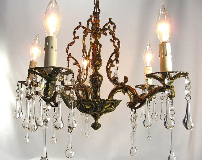Vintage Chandelier Crystals Spanish Brass 5 Lights Fixture Etsy