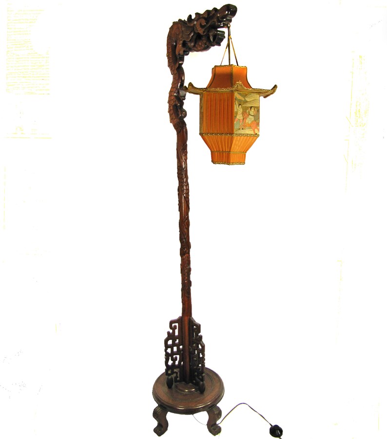 Chinese Dragon Lamp Wood Floor Carved With Custom Paa Shade 1920s Antique