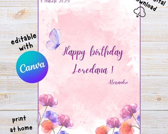 BIGLIETTO AUGURI COMPLEANNO personalizzabile con Canva - farfalla con fiori acquerello, color pastello, elegante, classico, stampabile