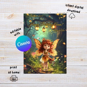 Può includere: Biglietto di compleanno digitale con una fata in un bosco. Il biglietto include il testo "Happy Birthday Anna!" e "21 November 2025". Testo aggiuntivo: "editable with Canva", "print at home" e "istant digital download".